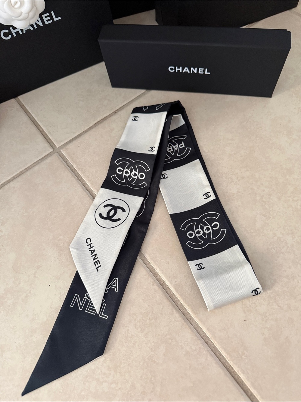 CHANEL Black and White Logo Silk Twilly Scarf